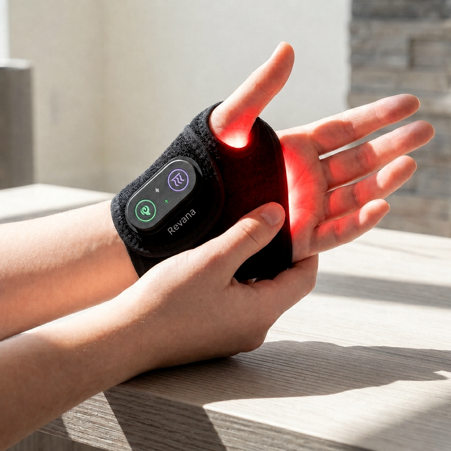 Red light wrist wrap in use